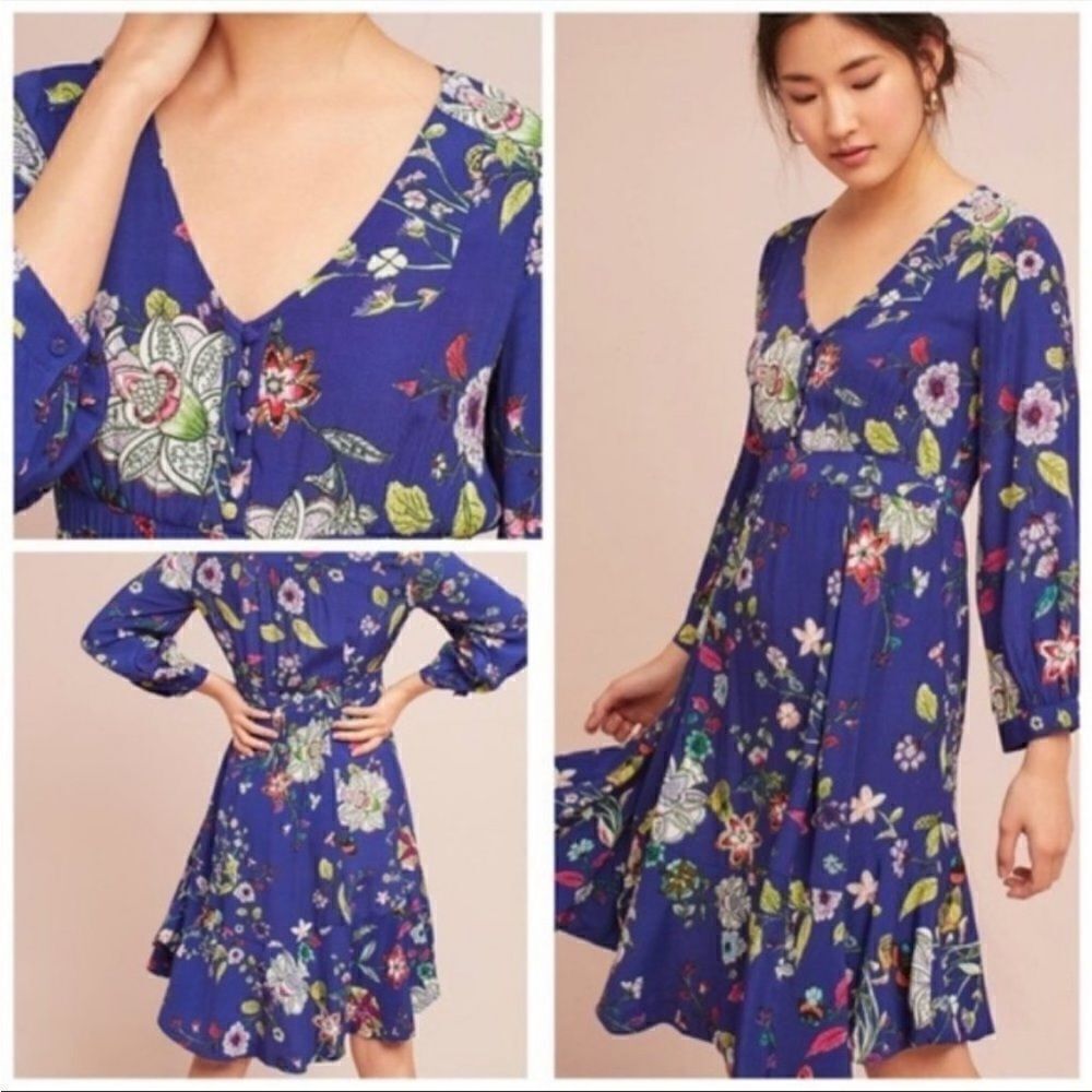 Anthropologie Maeve Purple Floral Long Sleeve Ruffle Hem Dress XS/S